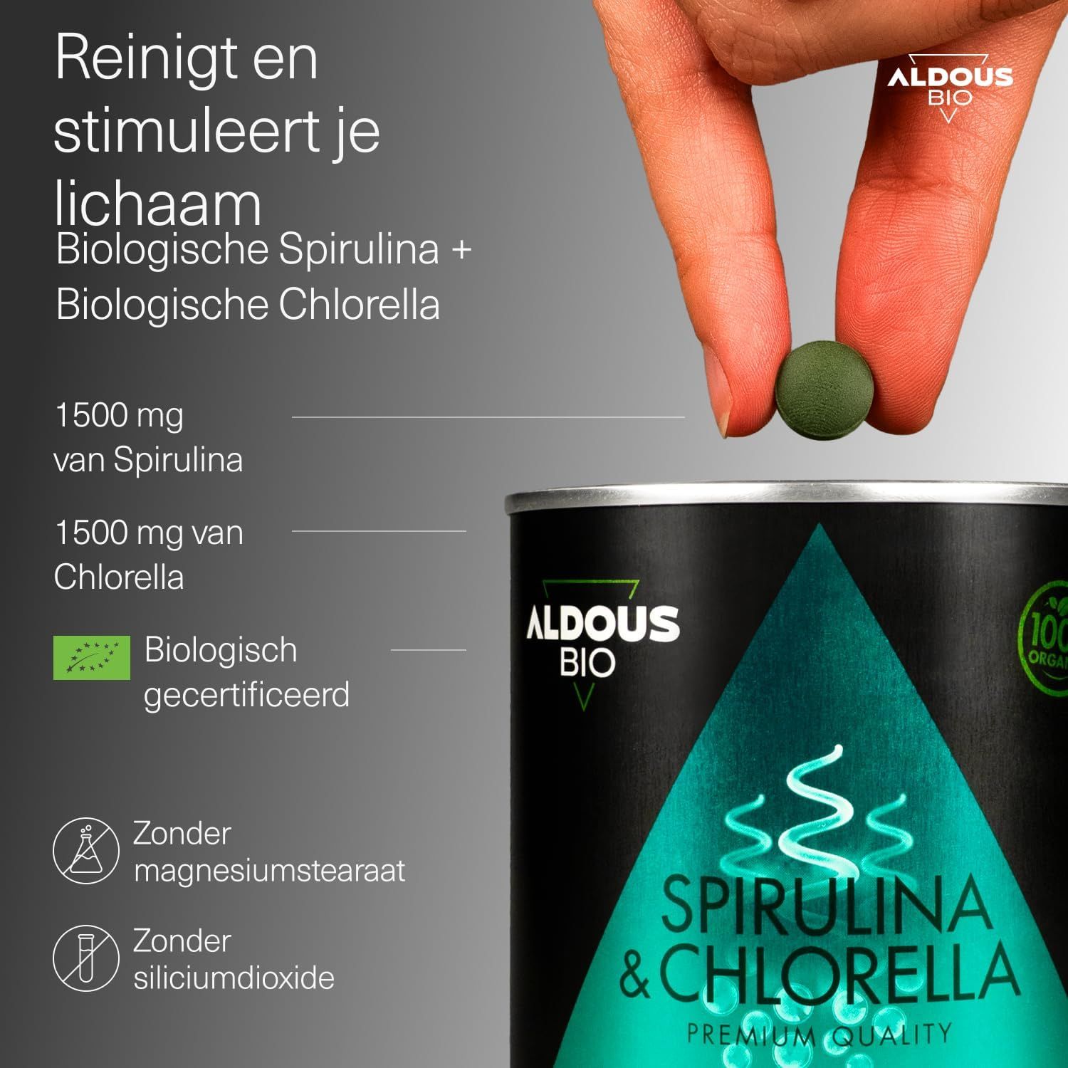 Aldous Bio Spirulina + Chlorella blik met twee groene tabletten, biologisch gecertificeerd.