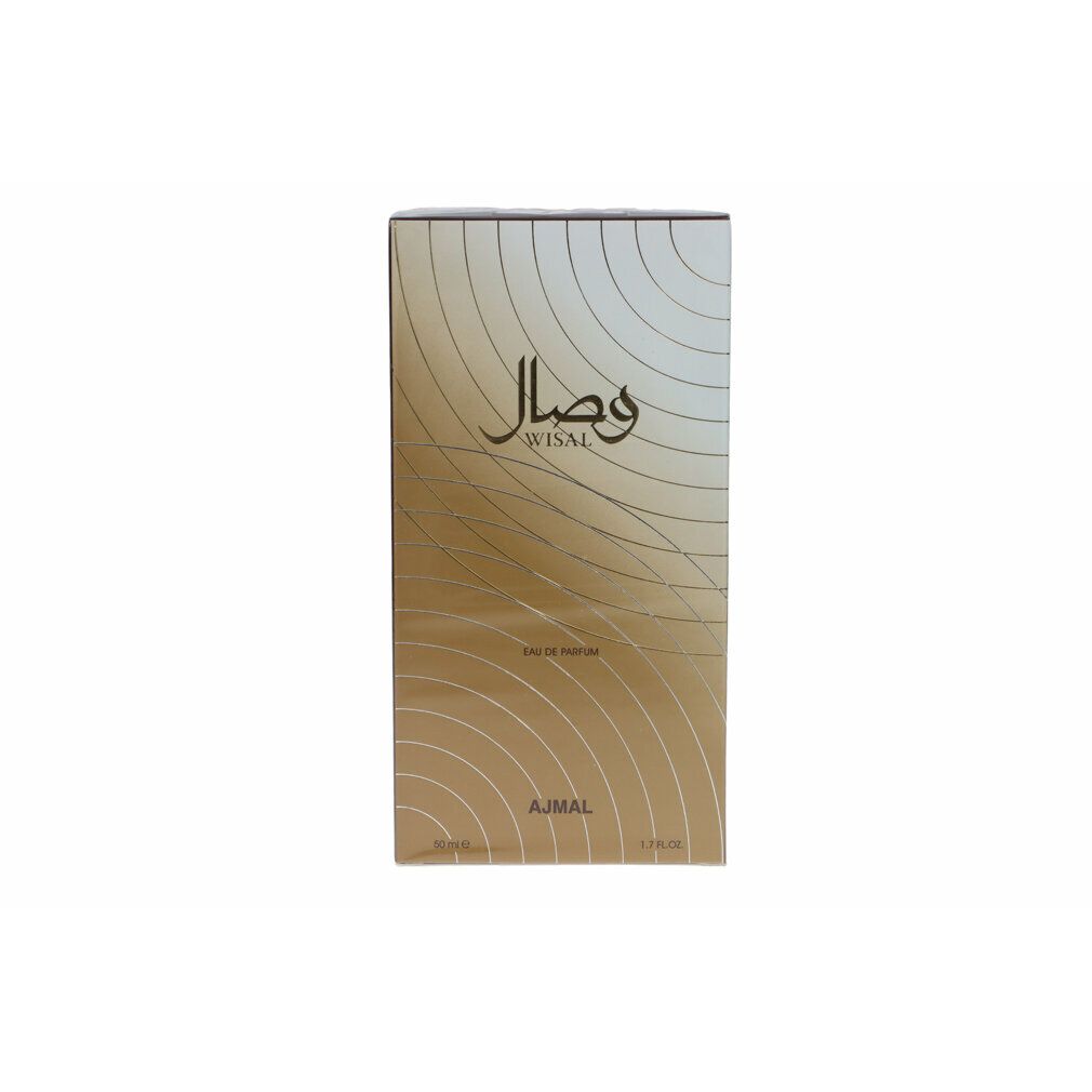 Ajmal Wisal Eau De Parfum Vaporisateur voor dames, gouden verpakking met golvend patroon.