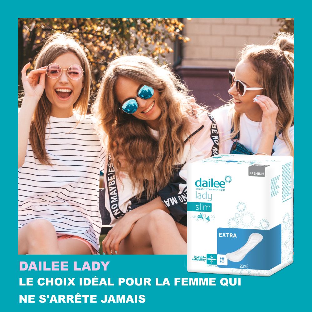 Trois femmes avec des lunettes de soleil, une tient un paquet de Dailee Lady Slim Extra. Texte : 'Le choix idéal pour la femme qui ne s'arrête jamais'.