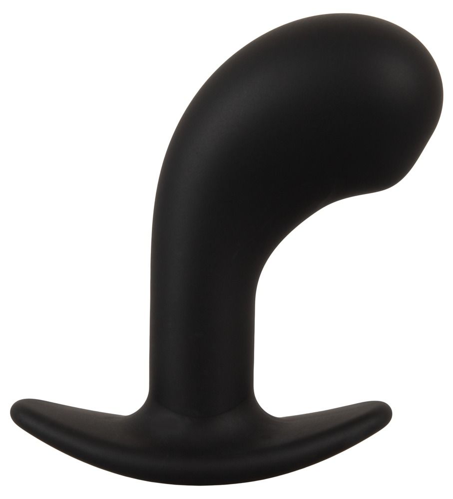 Zwarte prostaat vibrator, zijaanzicht. Gebogen vorm met brede, platte basis.