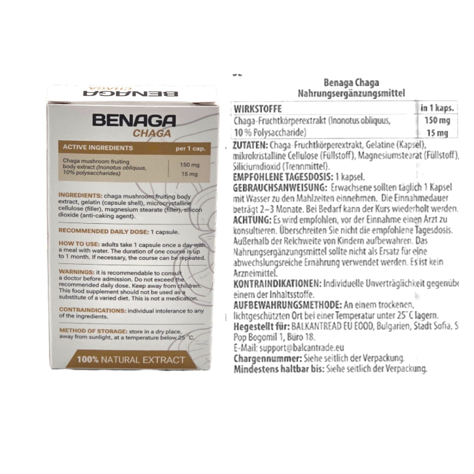 Informations produit sur fond blanc. Texte : "BENAGA CHAGA", ingrédients, dose journalière recommandée, mode d'emploi, avertissements, stockage.