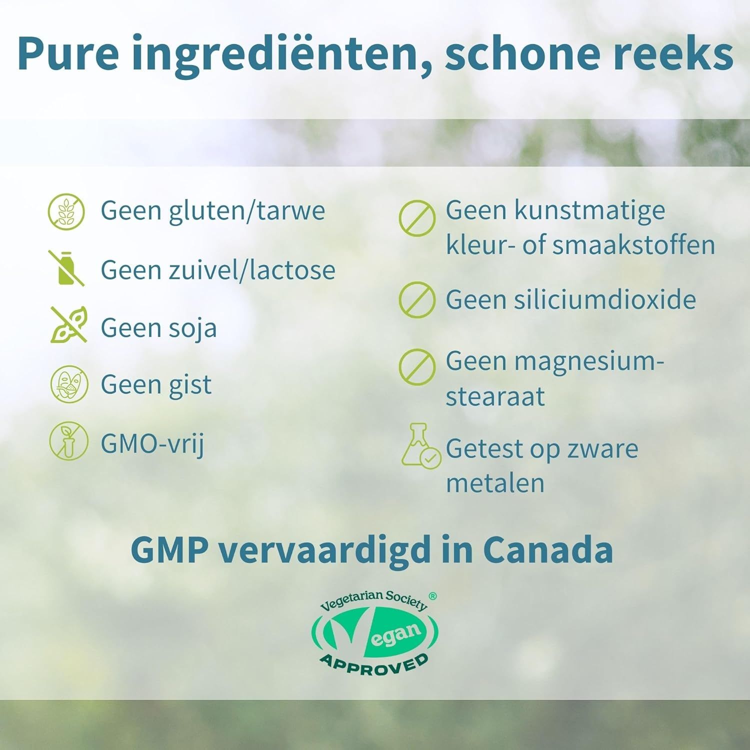 Overzicht: Ingrediënten, GMP-normen, Vegan-keurmerk, Geproduceerd in Canada.