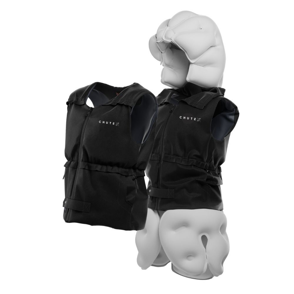 Deux gilets noirs avec le texte "CHUTEX". Les gilets sont reliés à des éléments blancs en forme de coussin.