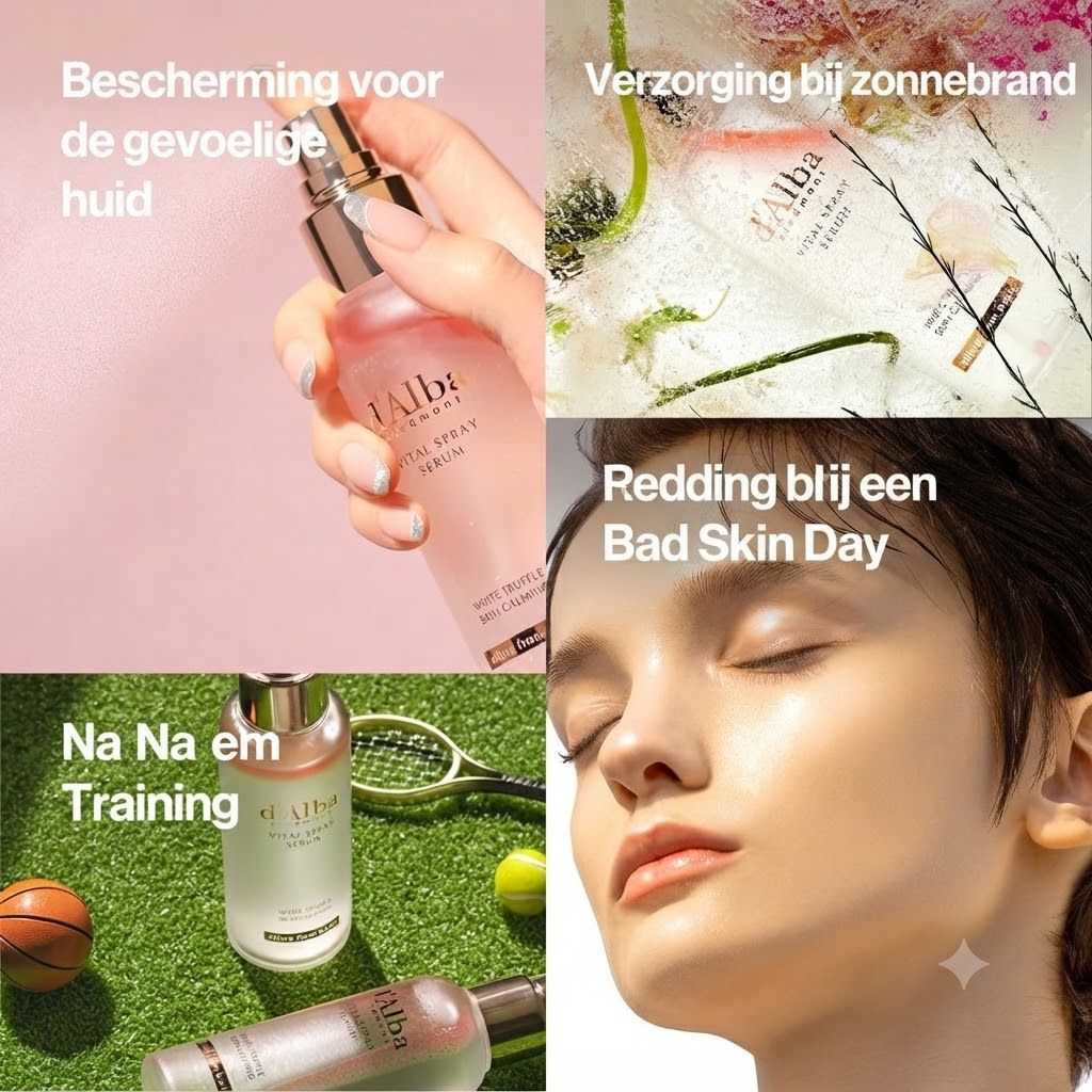 Een hand houdt een roze sprayfles met etiket 'd'Alba White Truffle Vital Spray Serum'.