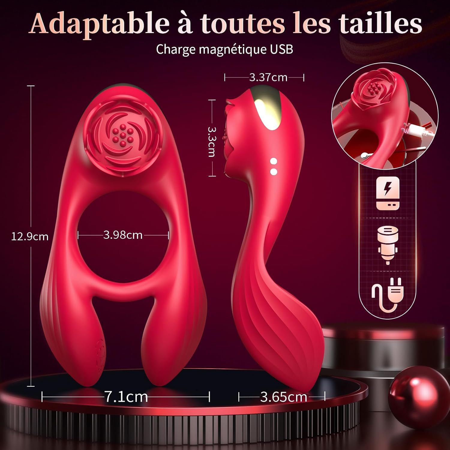 Masseur rouge, 12,9 cm de haut, avec motif de rose et anneau de 3,98 cm.