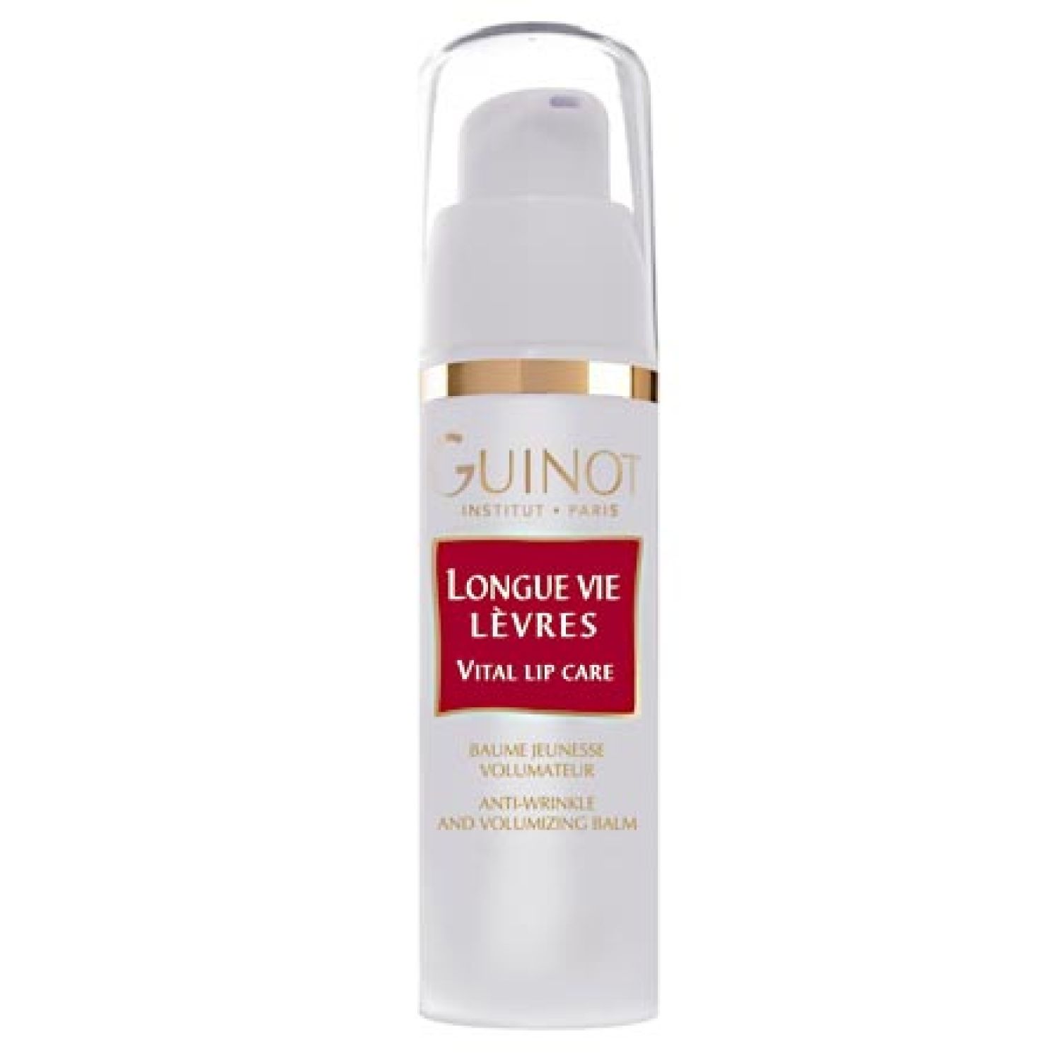 Baume pour les lèvres blanc avec couvercle transparent. Inscription: Guinot, Longue Vie Lèvres, Vital Lip Care. Baume anti-rides.