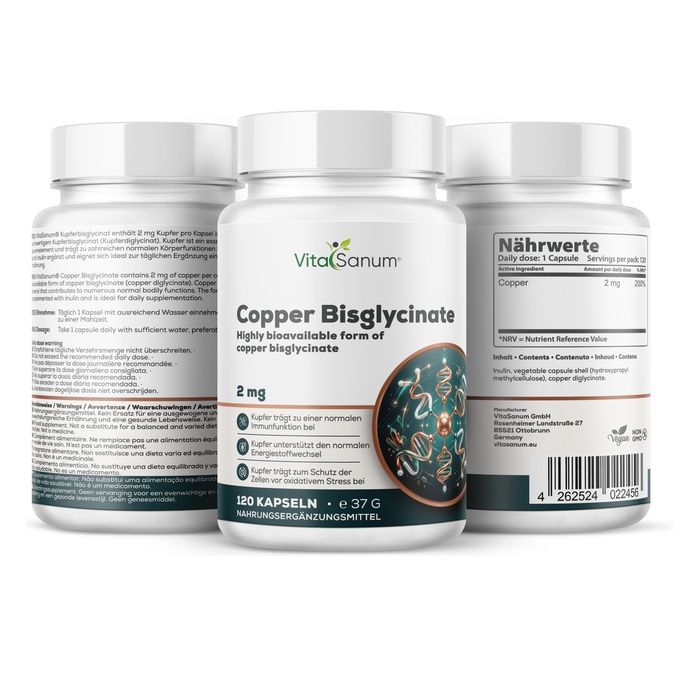 VitaSanum® Koper Bisglycinaat Capsules, 120 stuks. Drie potjes met etiketten die voedingsinformatie tonen.
