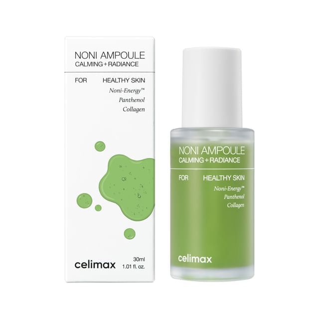 Flacon en verre vert et boîte. Le flacon porte l'inscription "NONI AMPOULE". La boîte porte l'inscription "celimax".