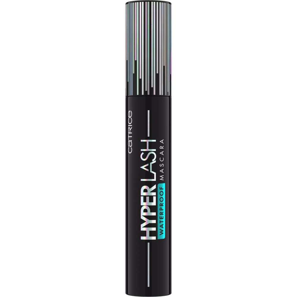 Tube de mascara noir avec bouchon argenté. Inscription: Catrice Hyper Lash Waterproof Mascara.