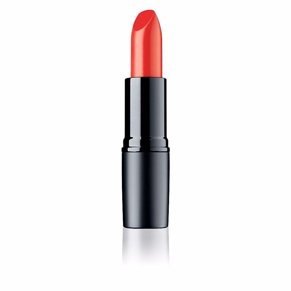 Oranje-rode lipstick in zwarte huls. De lipstick is uitgedraaid.