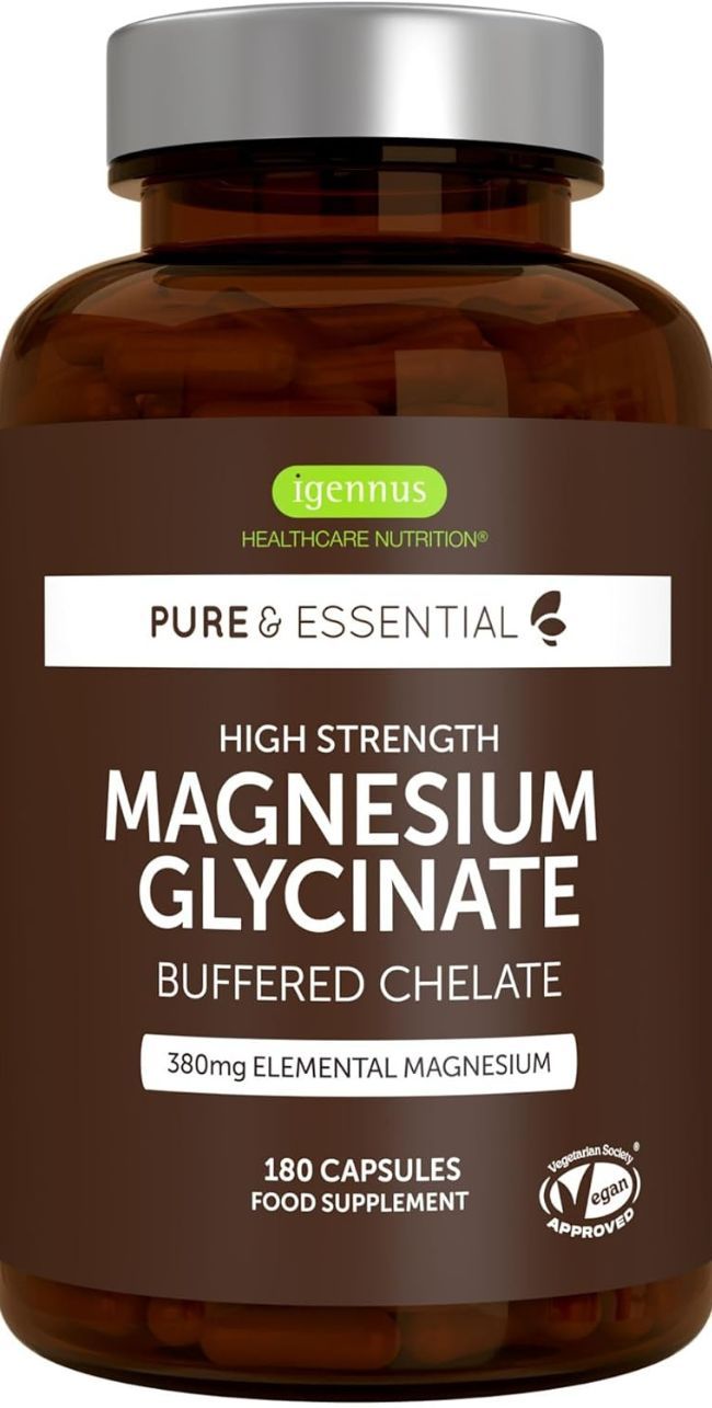 Bouteille brune de capsules Igennus Magnesium Glycinate, 380mg de magnésium élémentaire.
