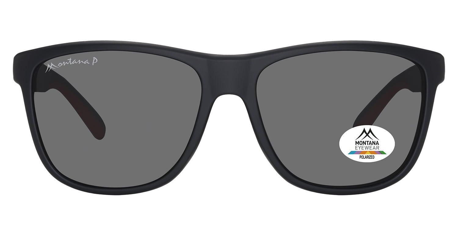 Lunettes de soleil noires avec verres gris. Logo Montana Eyewear sur la branche et le verre. Polarisées.