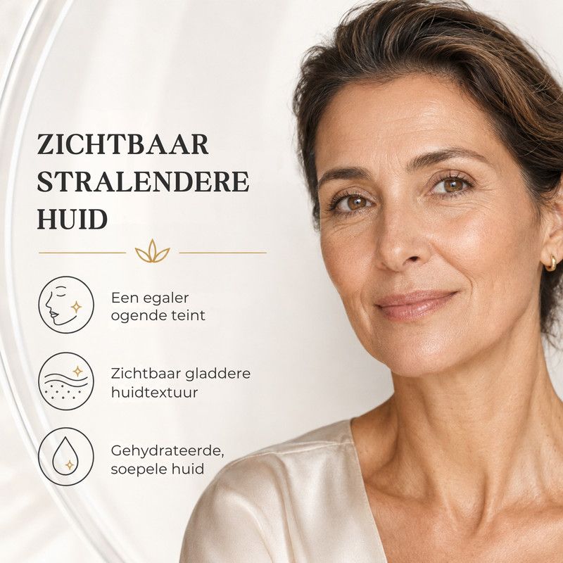 Een vrouw met een stralende huid, die de voordelen van een huidverzorgingsproduct benadrukt.