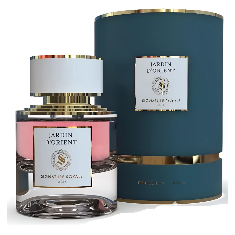 Flacon de parfum avec emballage. Flacon avec bouchon blanc, détails dorés. Emballage bleu avec bord doré. Étiquette : "Jardin d'Orient".
