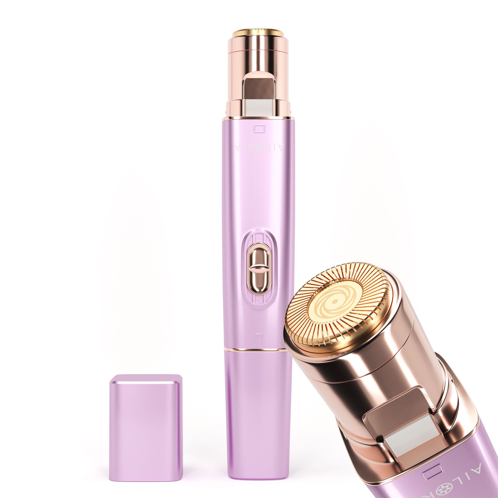 AILORIA LIBERTY 2en1 Rasoir Lipstick. Appareil rose et doré avec capuchon retiré. Deux accessoires.