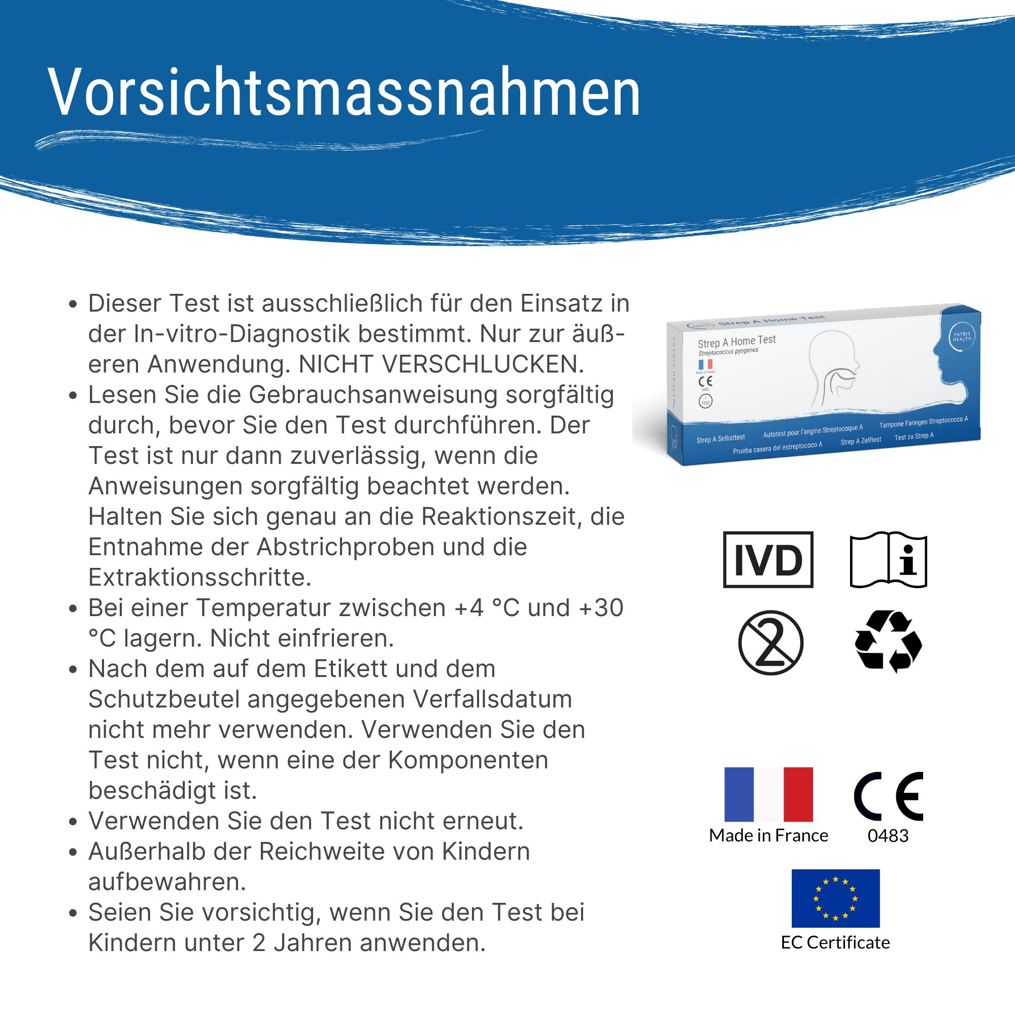 Voorzorgsmaatregelen voor de Patris Health® Strep A-test. Bevat waarschuwingen en informatie voor veilig gebruik.