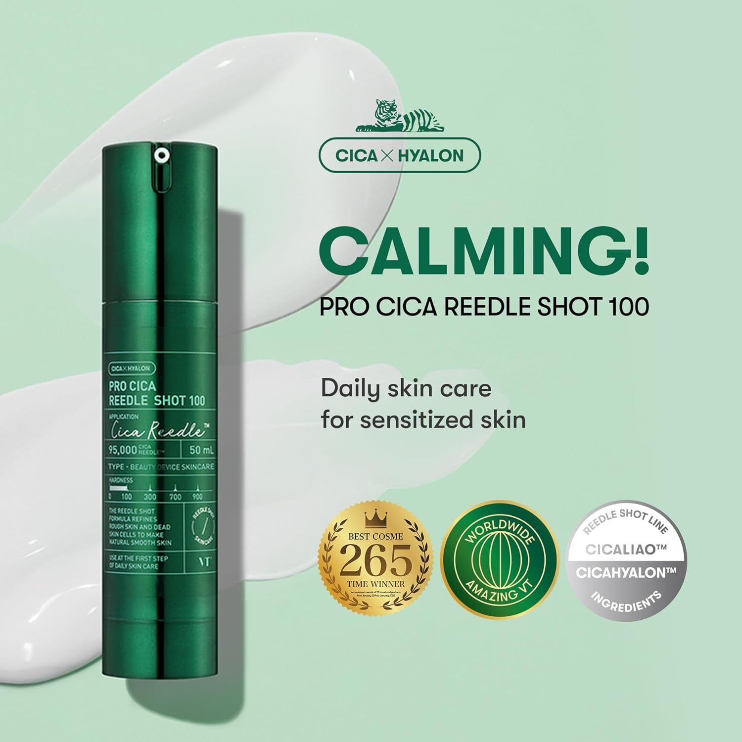 Groene fles, tekst: Pro Cica Reedle Shot 100. Onderscheidingen: Best Cosme 265, Worldwide Amazing It. Cicaliao, Cicahyalon.