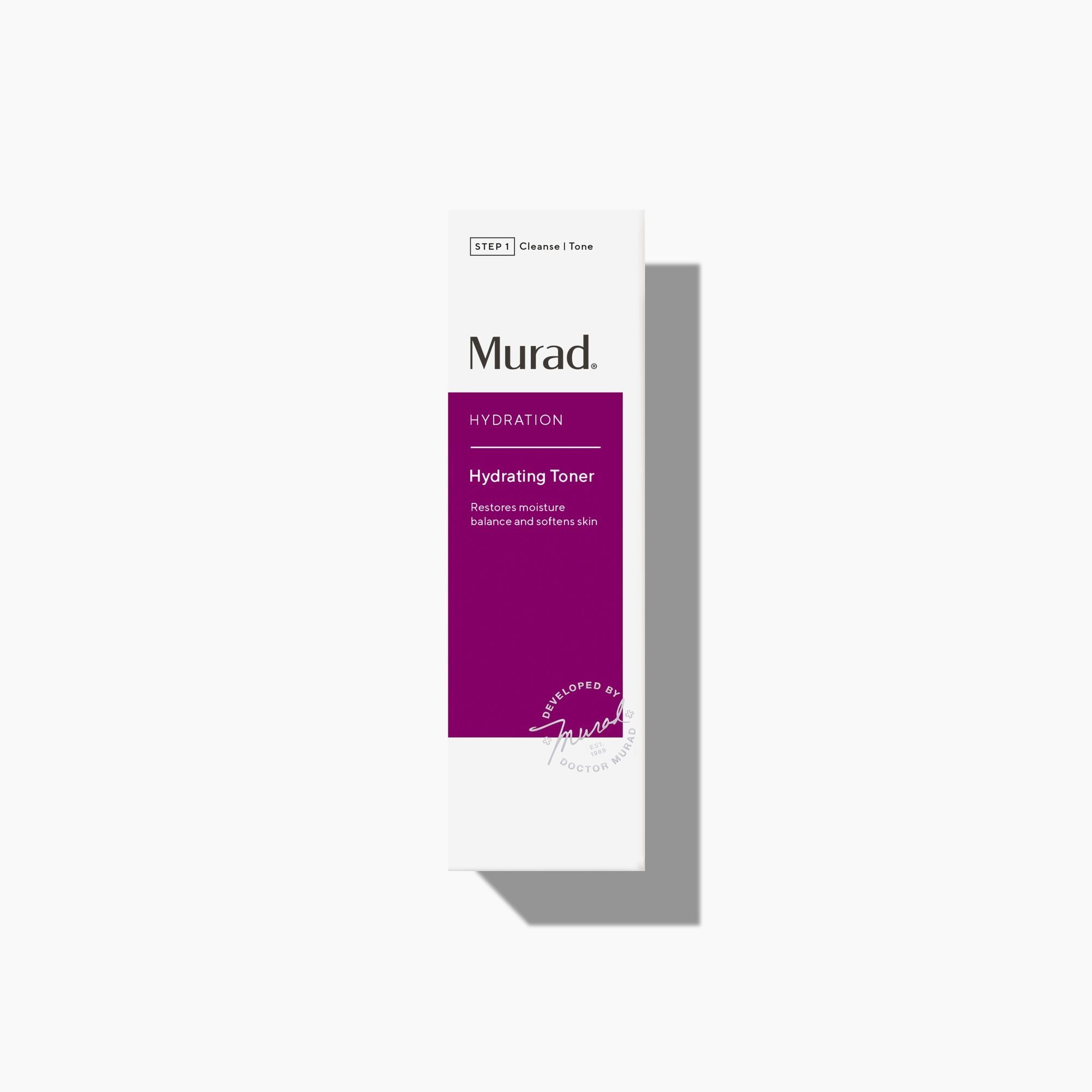 Emballage blanc avec accent violet. Inscription "Murad" et "Hydrating Toner".