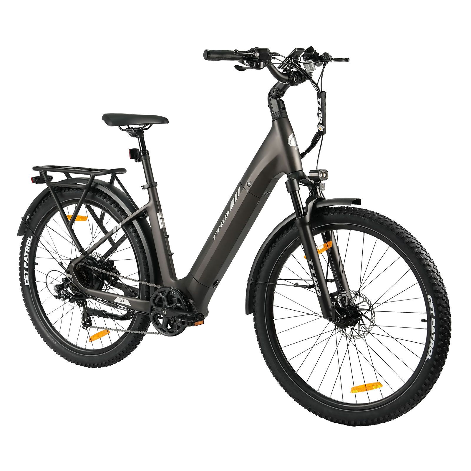 Donkergrijze elektrische fiets met spatborden, bagagedrager en hydraulische schijfremmen. Het TTGO-logo is zichtbaar.