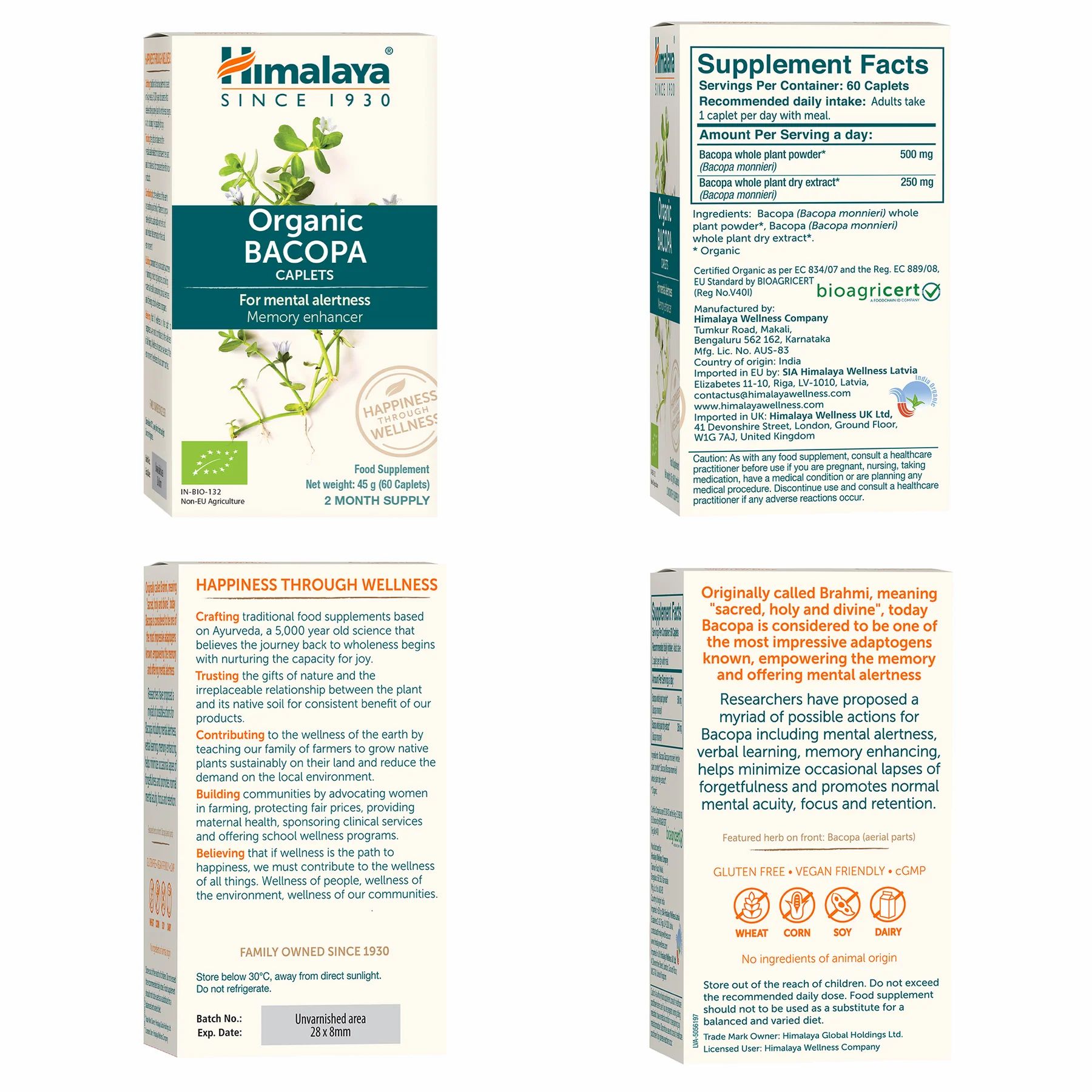 Verpakking van Himalaya Bio-Bacopa. Bevat informatie over ingrediënten, dosering en certificeringen. Bioagricert-logo zichtbaar.