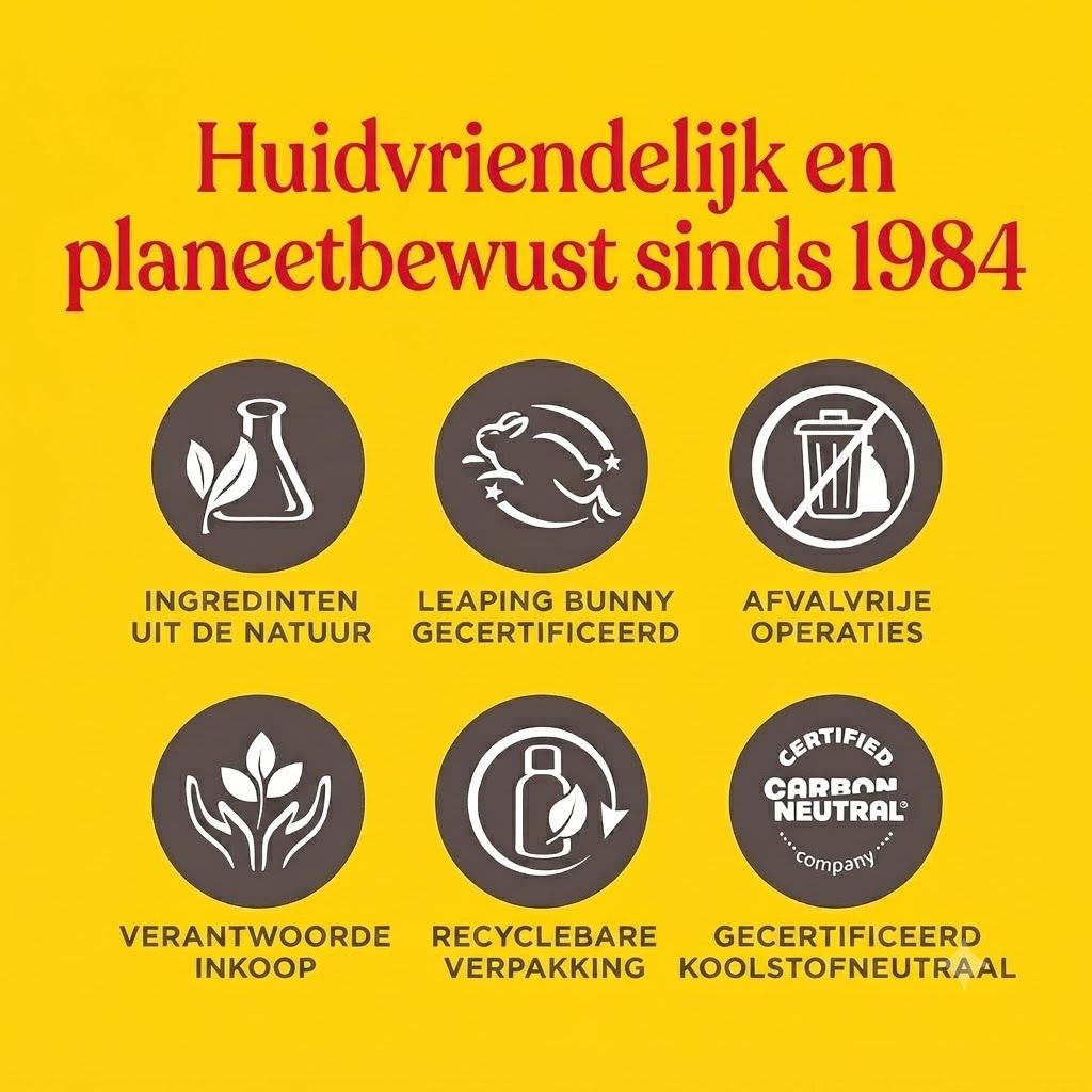 Symbolen voor "Ingrediënten uit de natuur", "Leaping Bunny gecertificeerd", "Afvalvrije operaties", "Verantwoorde inkoop", "Recyclebare verpakking" en "Gecertificeerd koolstofneutraal".
