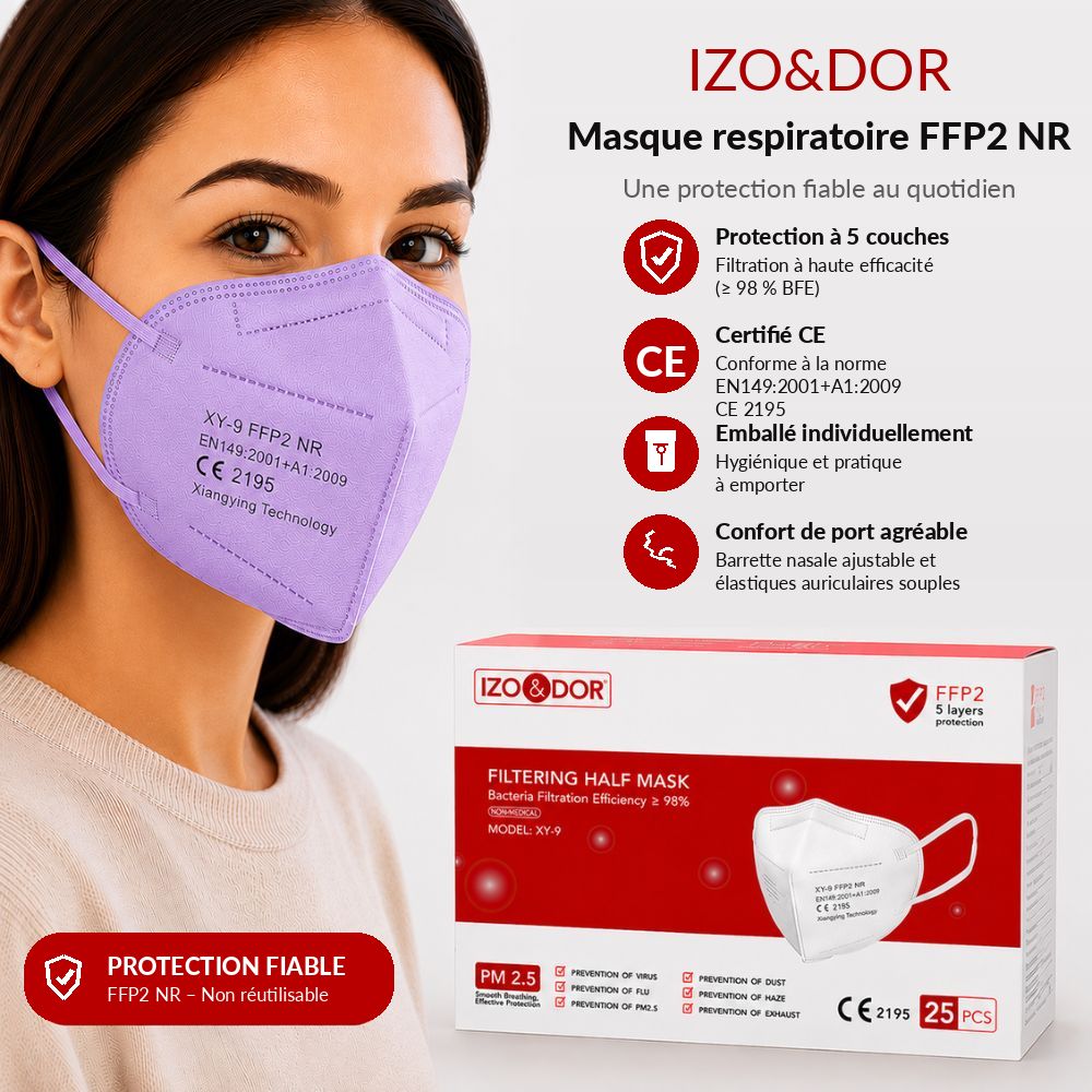 Emballage d'un masque FFP2; 5 couches, certifié CE, 25 pièces.