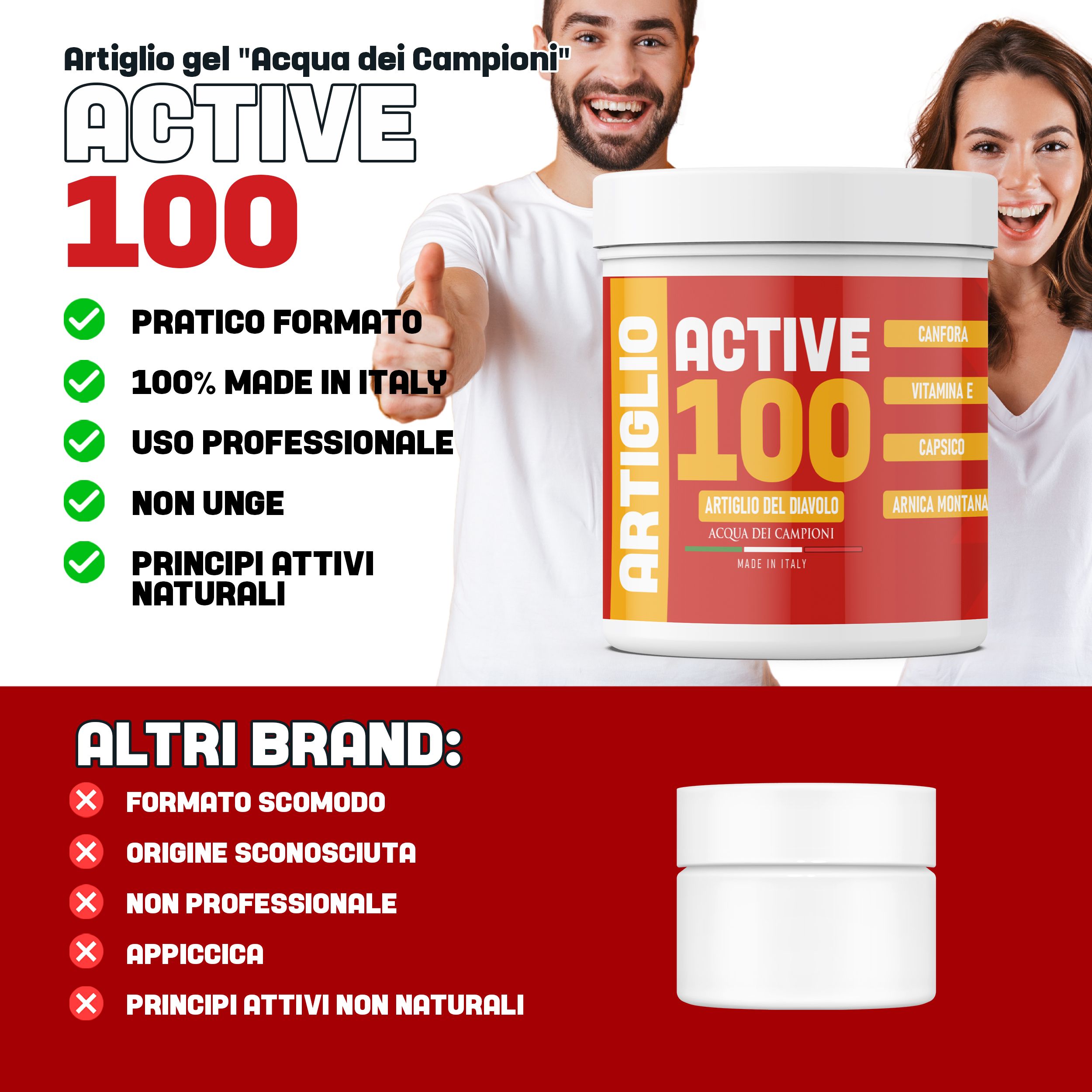 Pot met rood en geel label. Tekst: ACTIVE 100, Artiglio del Diavolo, Made in Italy. Twee mensen glimlachen.