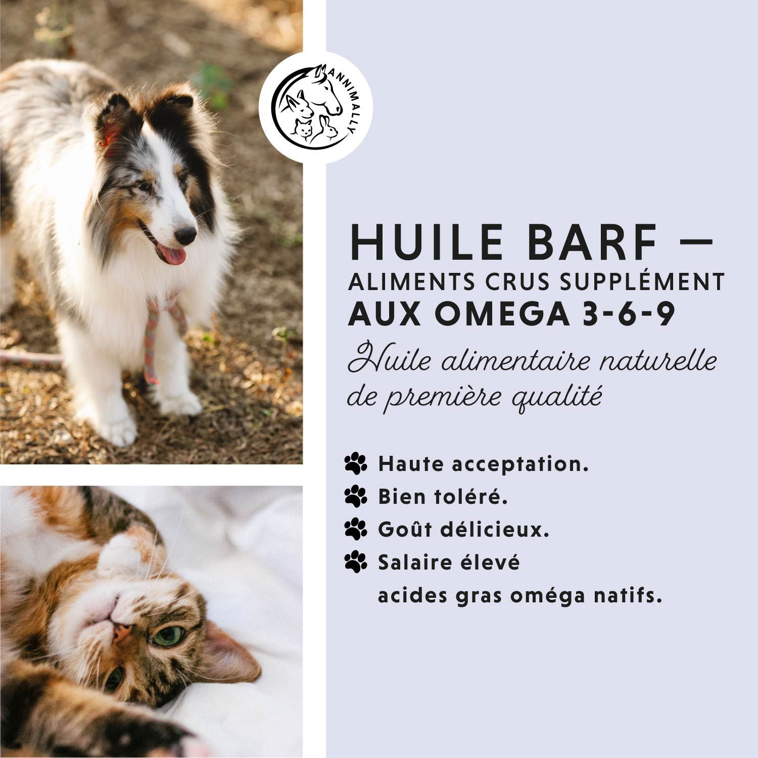 Texte avec informations sur le produit. Chien et chat couchés ensemble. Texte : Huile BARF avec Oméga 3-6-9. Haute acceptation.