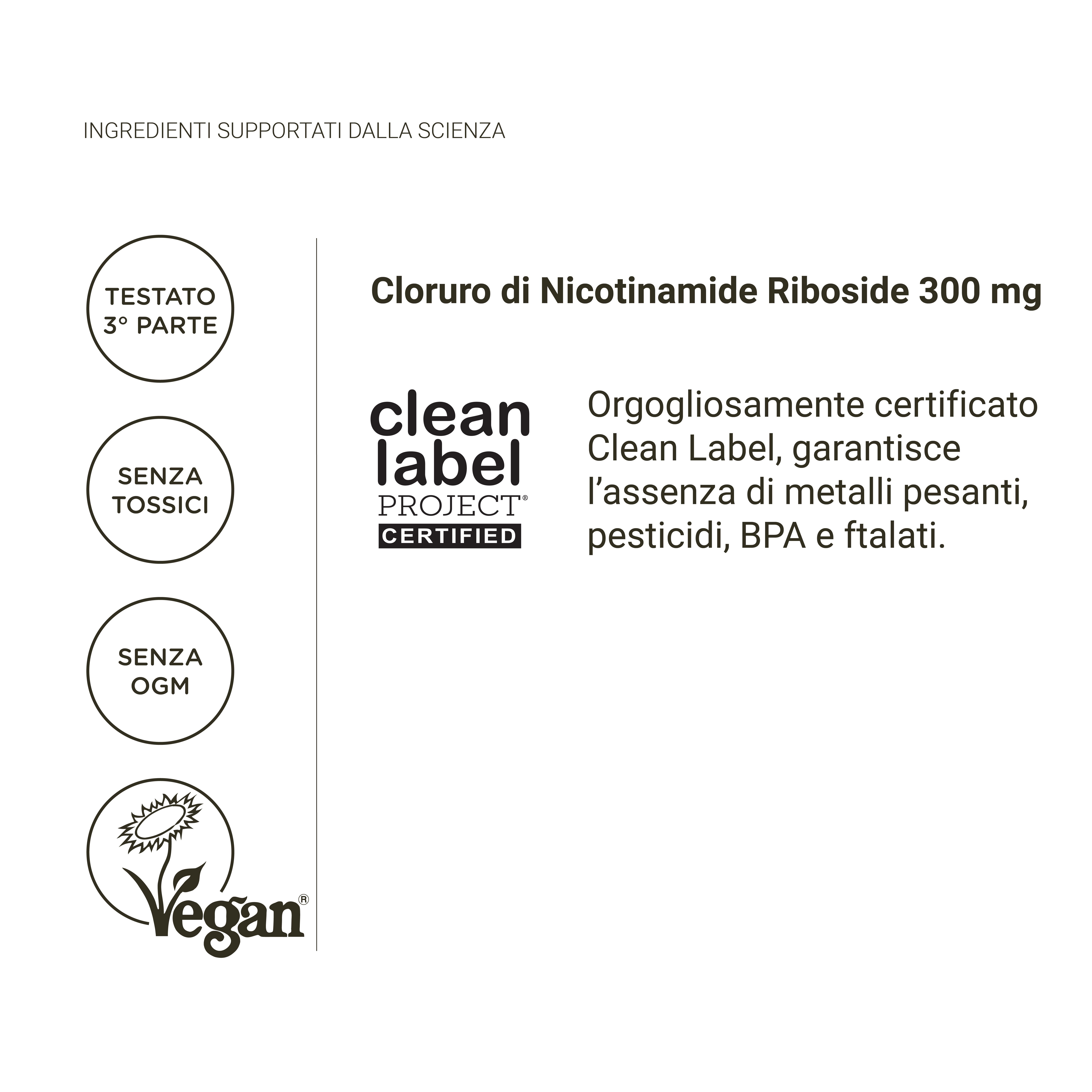 Nicotinamide Riboside Chloride 300 mg. Clean Label gecertificeerd, vegan, GGO-vrij, gifstofvrij, 3e partij getest.