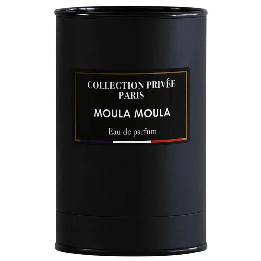 Emballage cylindrique noir. Inscription: Collection Privée Paris, Moula Moula, Eau de parfum. Drapeau français.