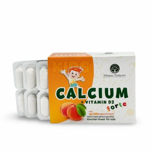 Boîte et plaquette de comprimés. Inscription CALCIUM + VITAMINE D3 forte, goût abricot. Marque Herbal Therapy.