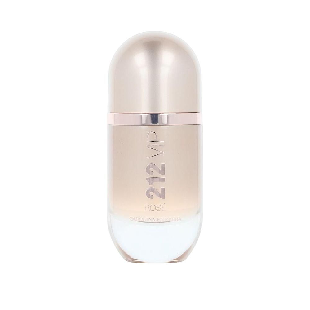Ovale parfumfles met gouden dop. Opschrift "212 VIP Rosé" en "Carolina Herrera".