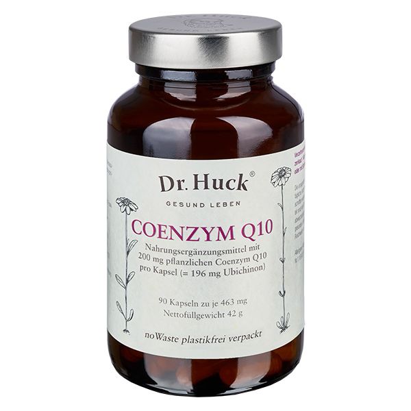 Bruine glazen fles met zilveren dop en etiket. Opschrift: Dr. Huck Coenzym Q10. Bevat 90 capsules.