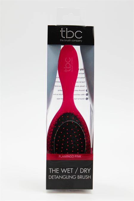 TBC Detangling Haarborstel in Flamingo Roze, in doorzichtige verpakking.