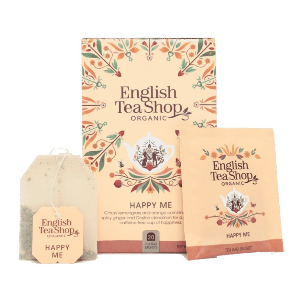 ETS - Happy Me wellness-thee bio. Theezakje en verpakking. Opschrift: English Tea Shop Organic, Happy Me, 20 zakjes, bio-label.