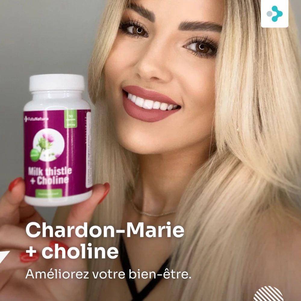 Femme tenant un flacon de Chardon-Marie + choline. Inscription: Chardon-Marie + choline. Améliorez votre bien-être.