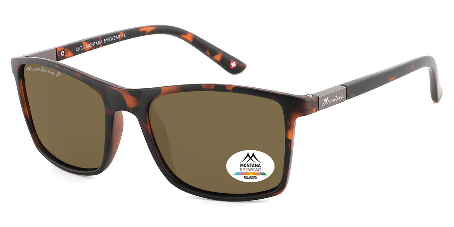 Lunettes de soleil marron. Logo Montana Eyewear sur la branche. Forme rectangulaire.