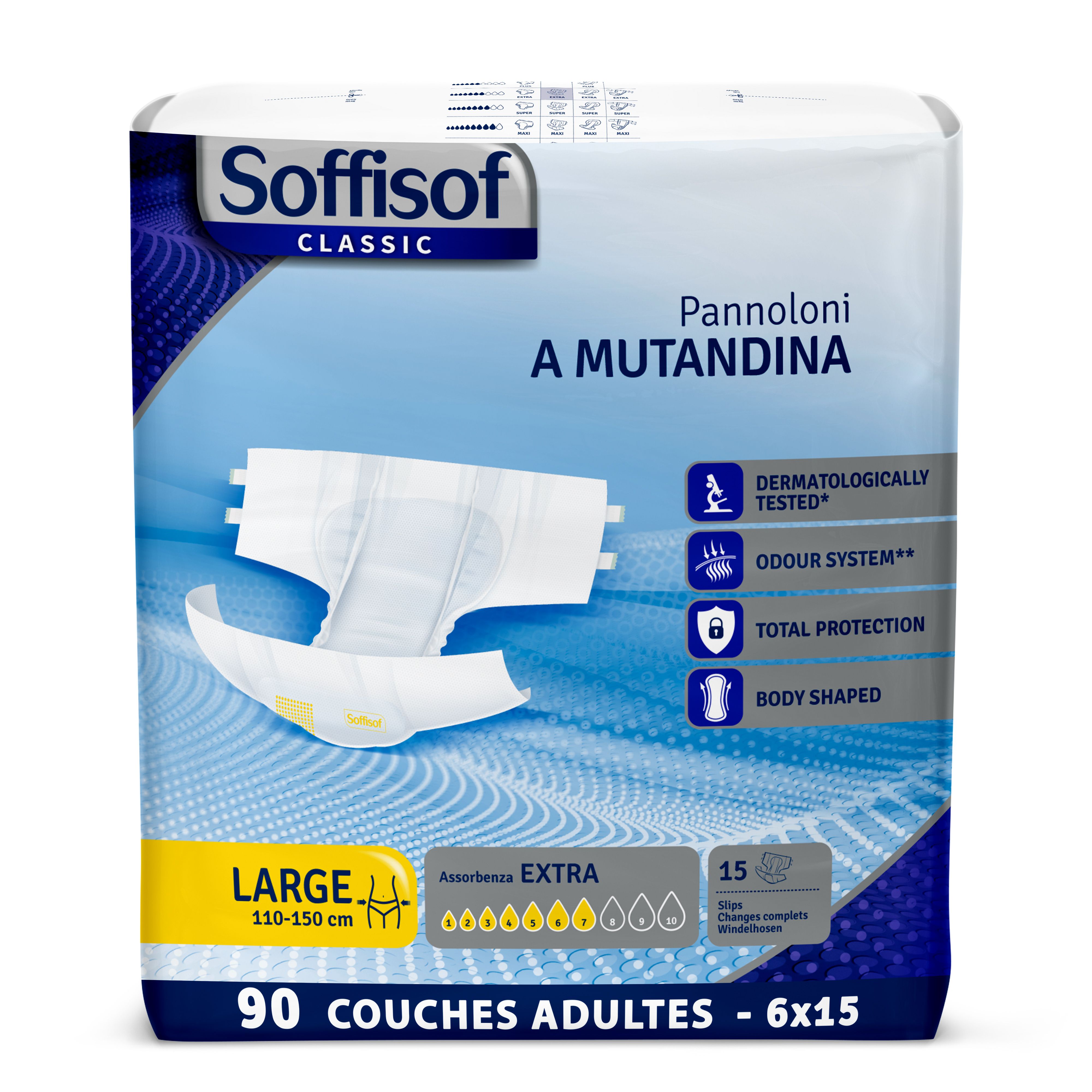 Couches adultes Soffisof Classic Extra. Taille L, 110-150 cm. 90 couches. Testé dermatologiquement, système anti-odeurs, protection totale, forme anatomique.