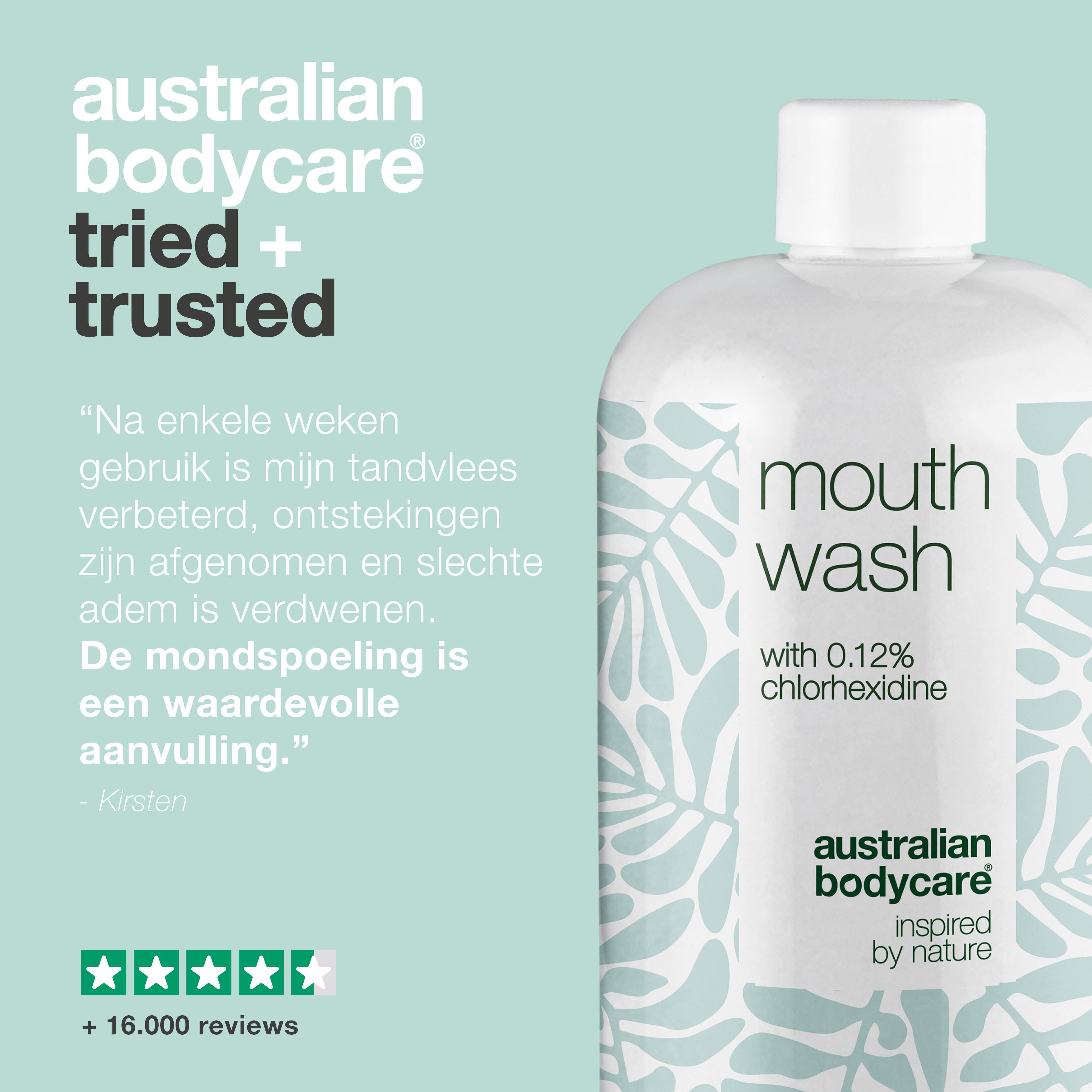 Productfles met tekst: getuigenis, 5 sterren beoordeling, +16.000 beoordelingen. Australian Bodycare.