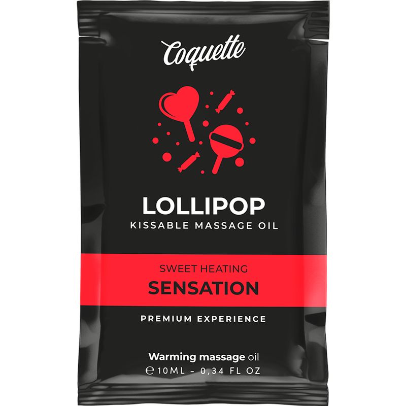 Sachet d'huile de massage Coquette Lollipop. Emballage noir avec symboles de sucette. Contient 10ml.