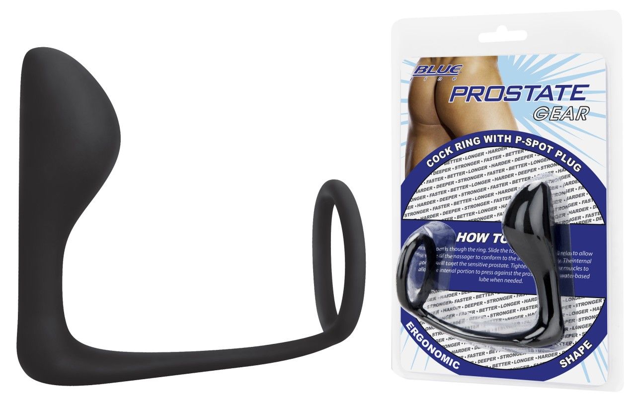 Cockring noir avec plug P-Spot. Emballage avec nom et marque du produit. Forme ergonomique.