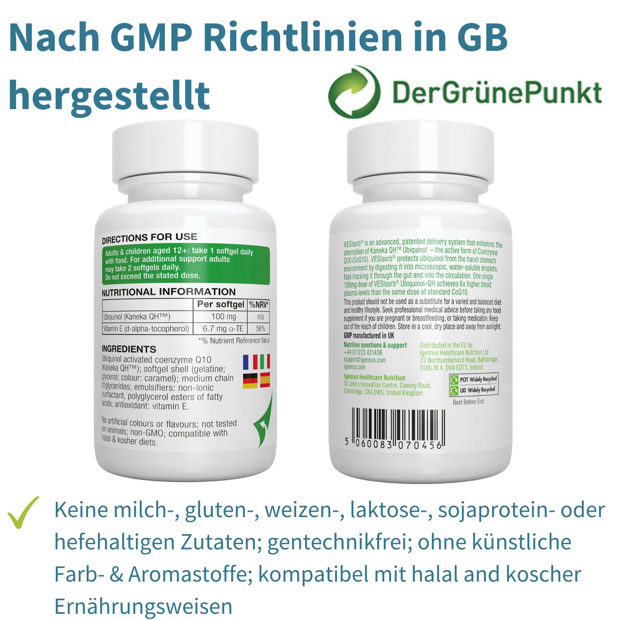 Flacon Igennus Ubiquinol-QH fabriqué selon les normes GMP, avec des sceaux.