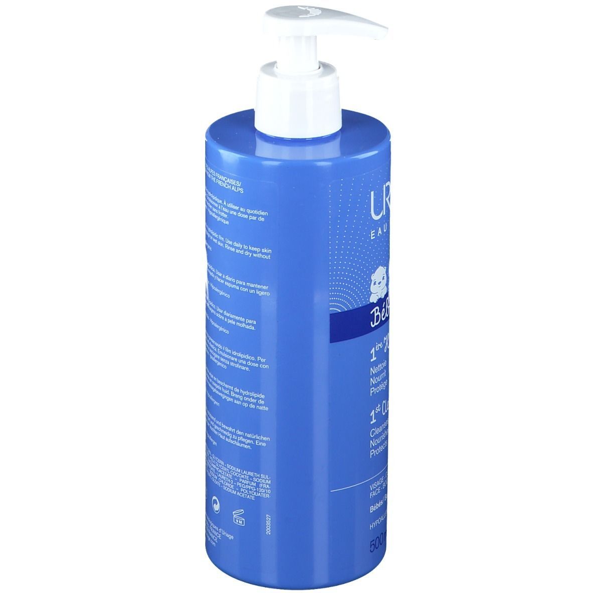 Flacon bleu avec pompe blanche. Texte multilingue au dos. Contient de l'eau thermale des Alpes françaises.
