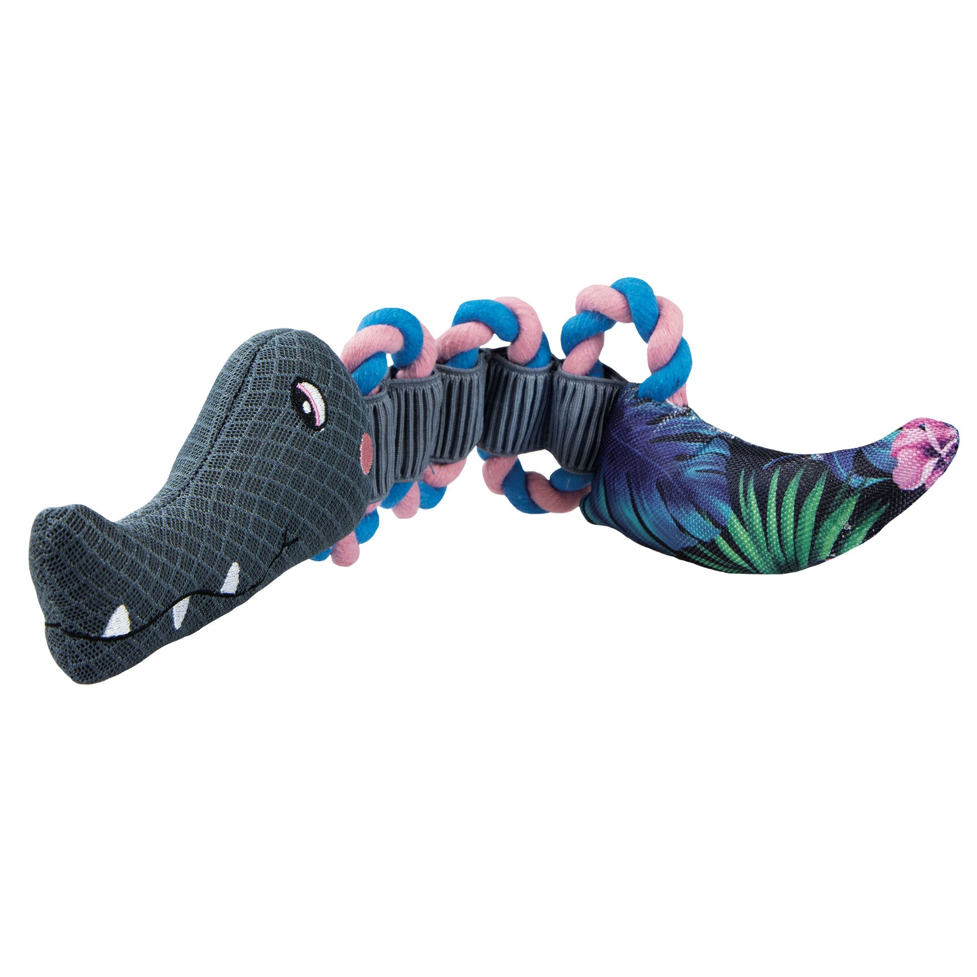 Jouet crocodile avec corde. Corps gris, cordes bleues et roses, queue fleurie.
