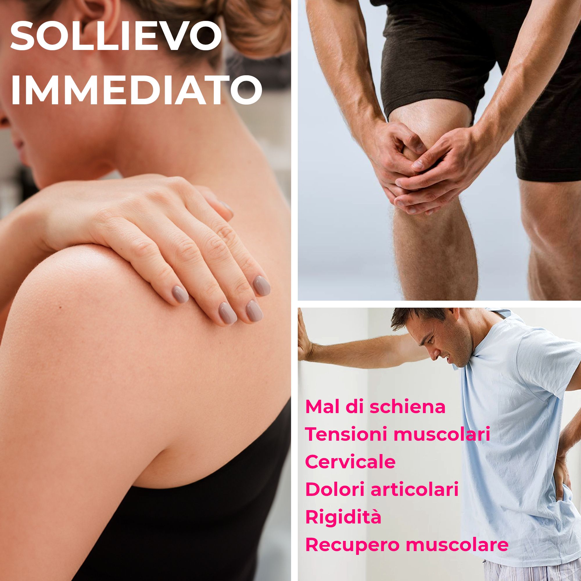 Collage : épaule, genou et dos avec texte sur le soulagement de la douleur et la récupération musculaire.