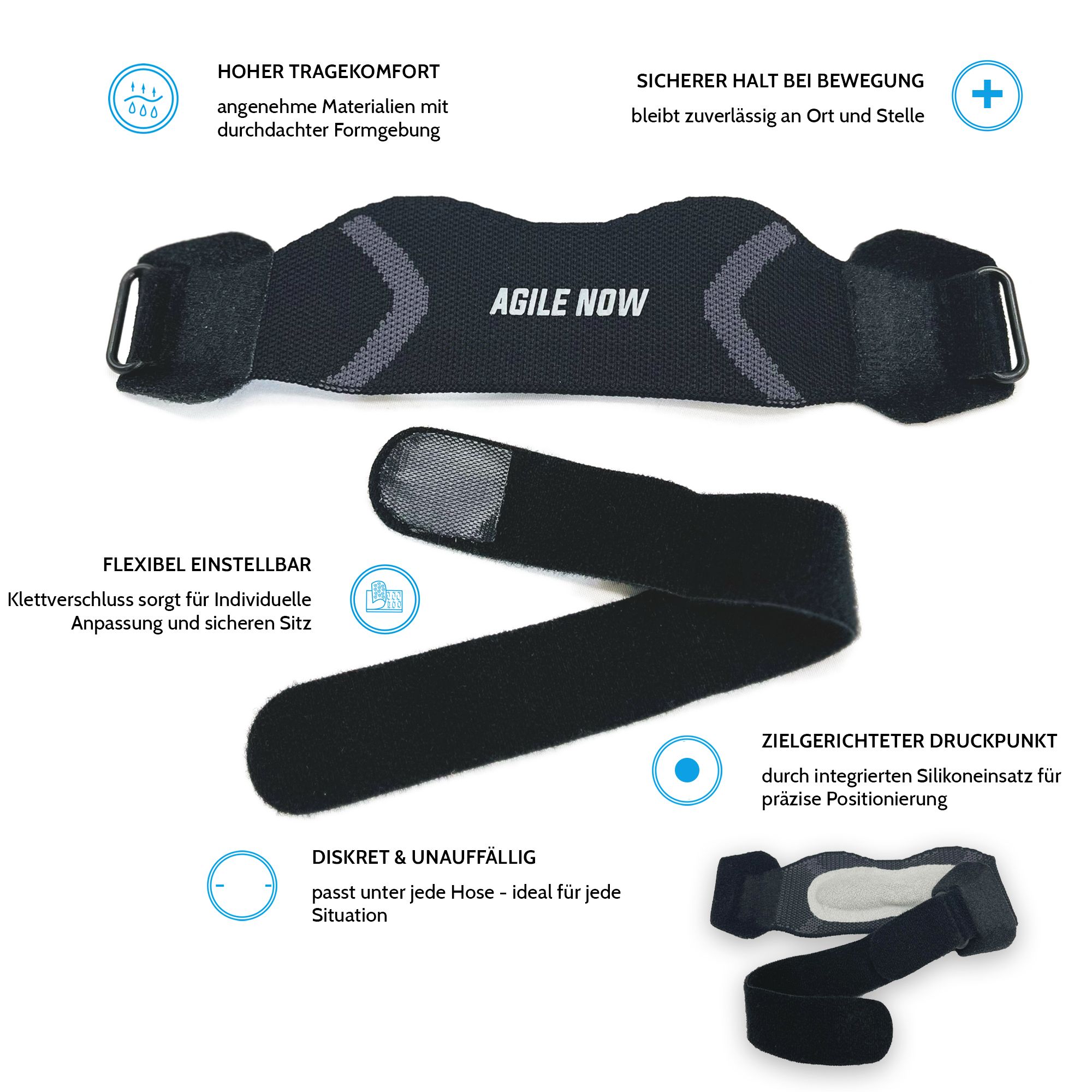 Genouillère noire avec fermeture velcro. Texte : AGILE NOW. Diagrammes avec textes : RÉGLABLE DE MANIÈRE FLEXIBLE, POINT DE PRESSION CIBLÉ.