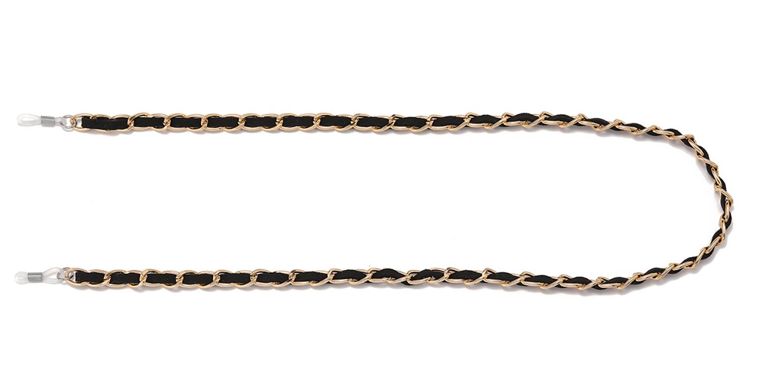 Zwart en goudkleurig brillenkoord, gevlochten design. Einden met lussen voor bevestiging aan brilpoten. Op witte achtergrond.