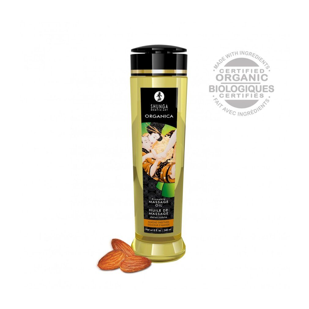 Bouteille d'huile de massage Shunga Organica avec sceau bio et amandes.