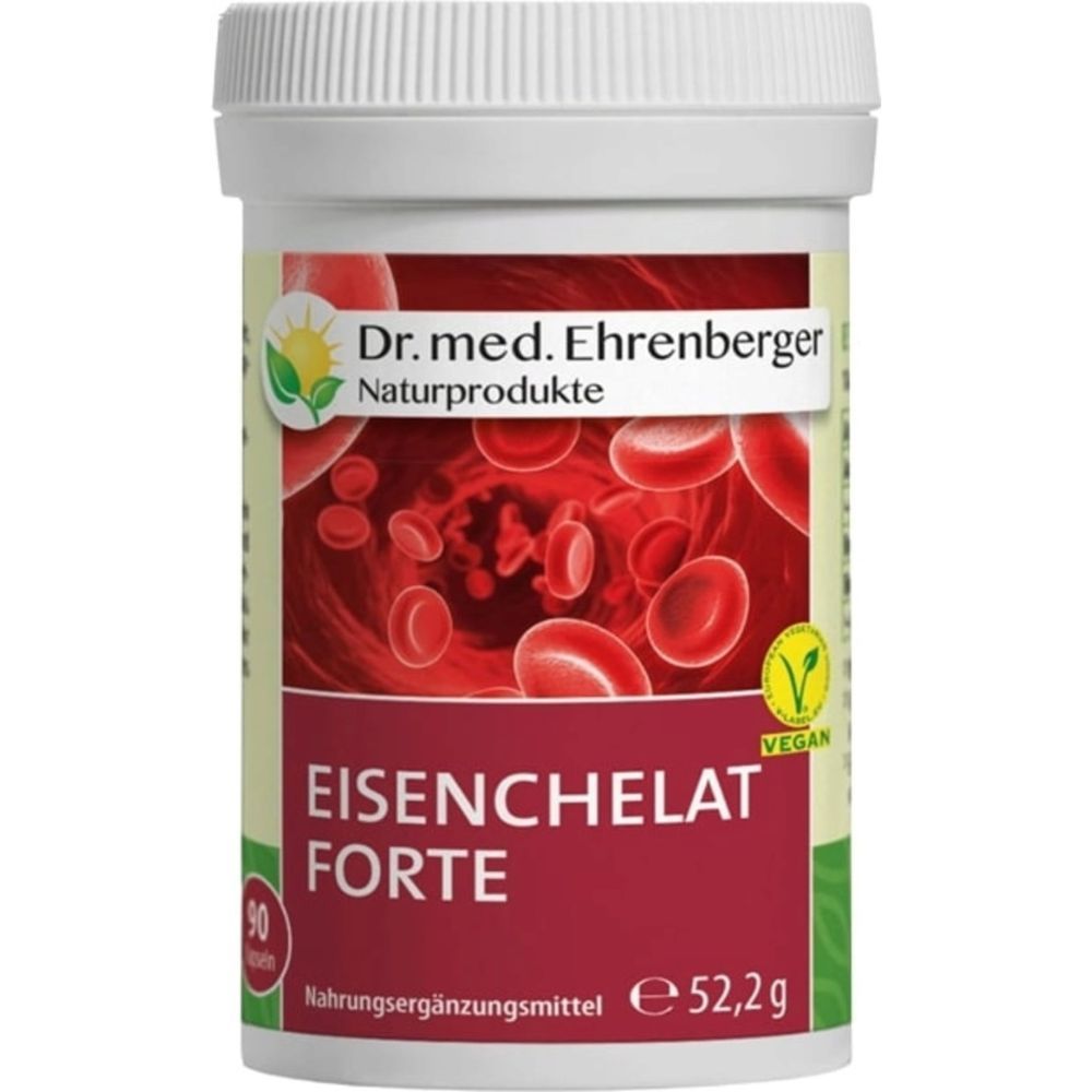 Witte plastic pot met deksel. Opschrift: Eisenchelat Forte, 90 capsules, Vegan-zegel. Fabrikant: Dr. med. Ehrenberger Naturprodukte.