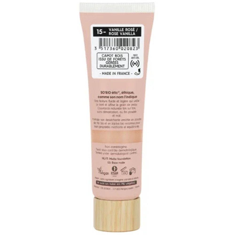 Tube de fond de teint SO'BiO étic. Teinte Rose Vanille. Bouchon en bois. Texte en français. Logo vegan.